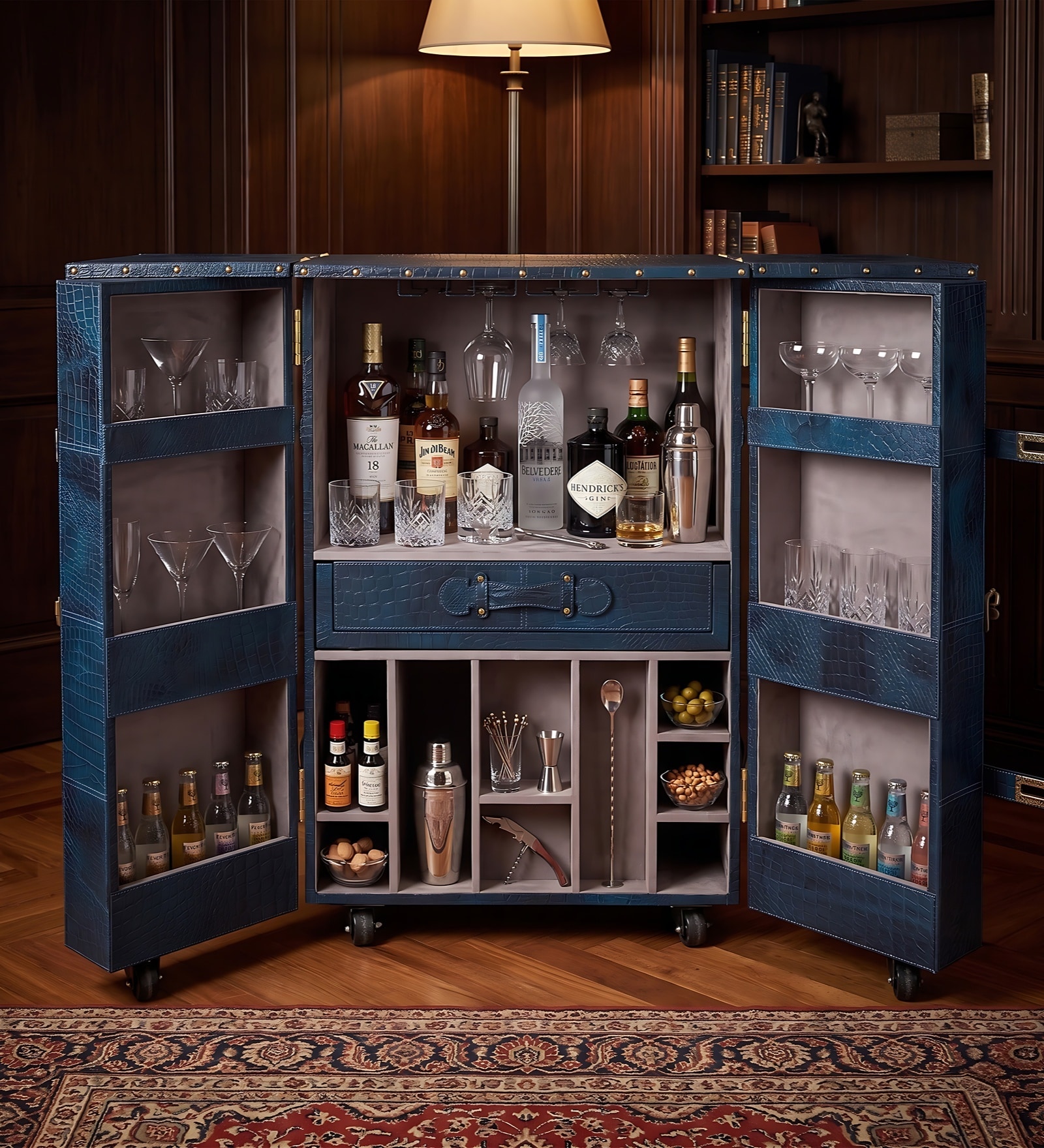 Relic Leather Bar Cabinet In Blue Finish