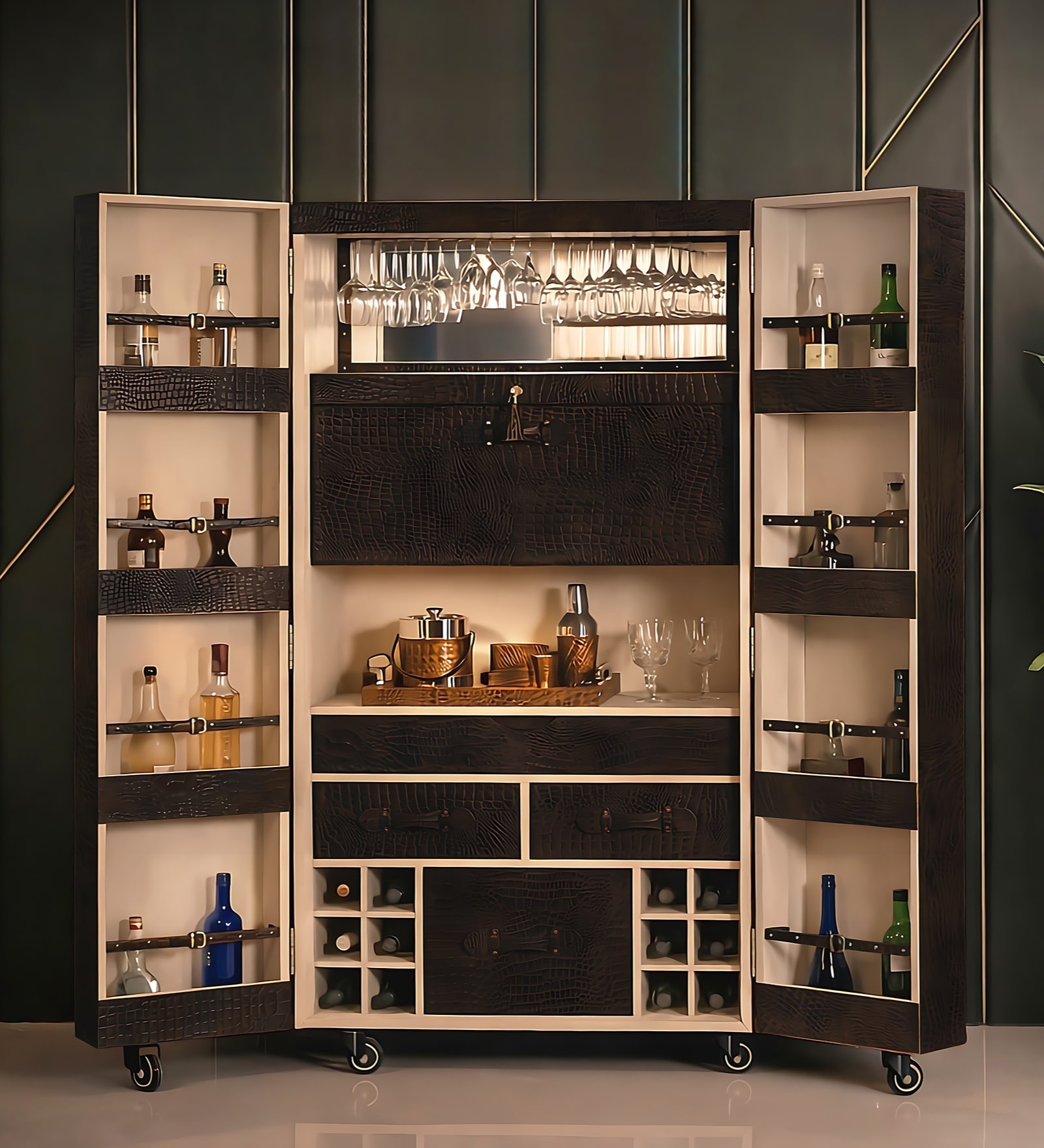Relic Leather Bar Cabinet In Brown Finish