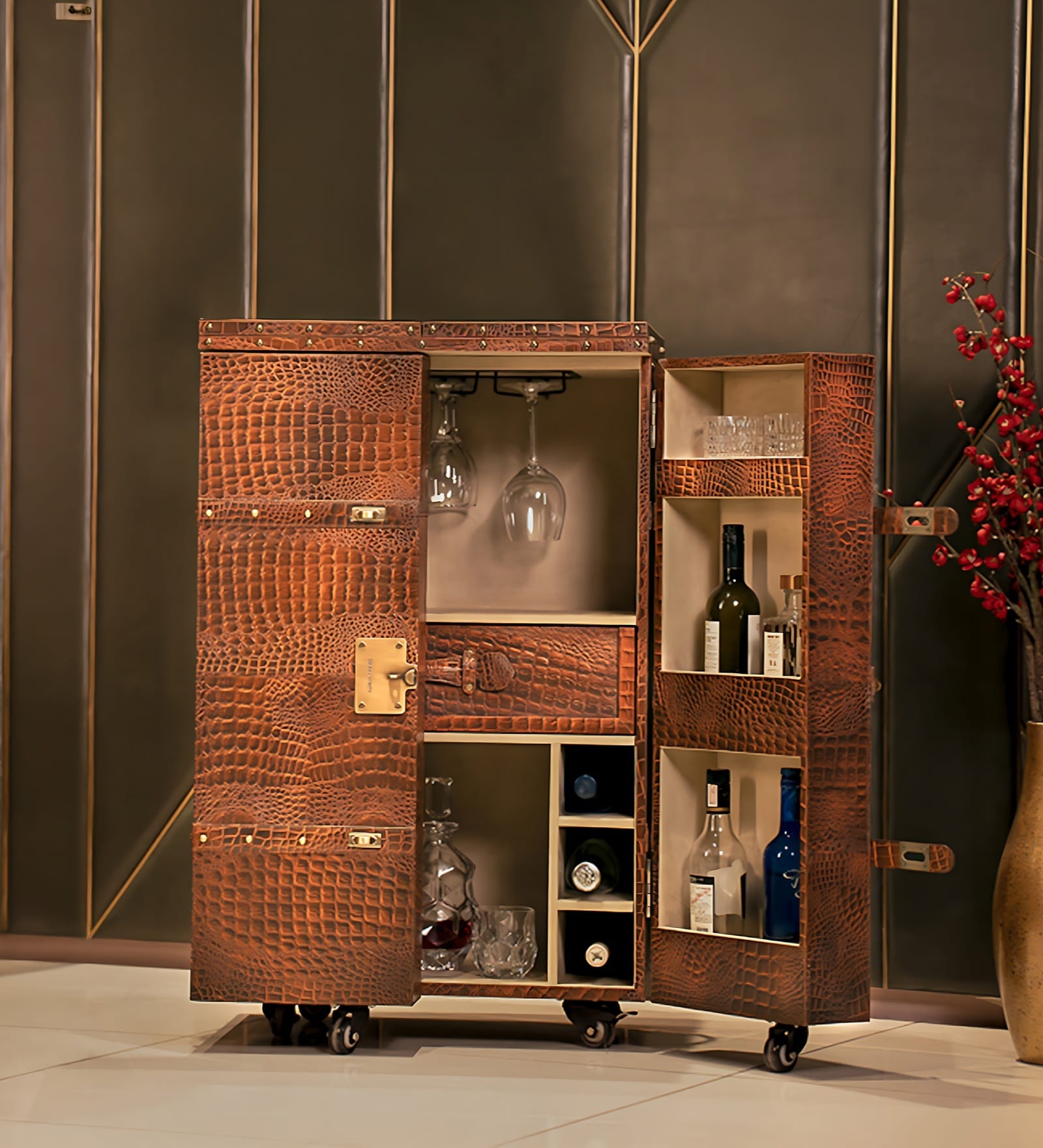 Relic Leather Bar Cabinet In Tan Finish