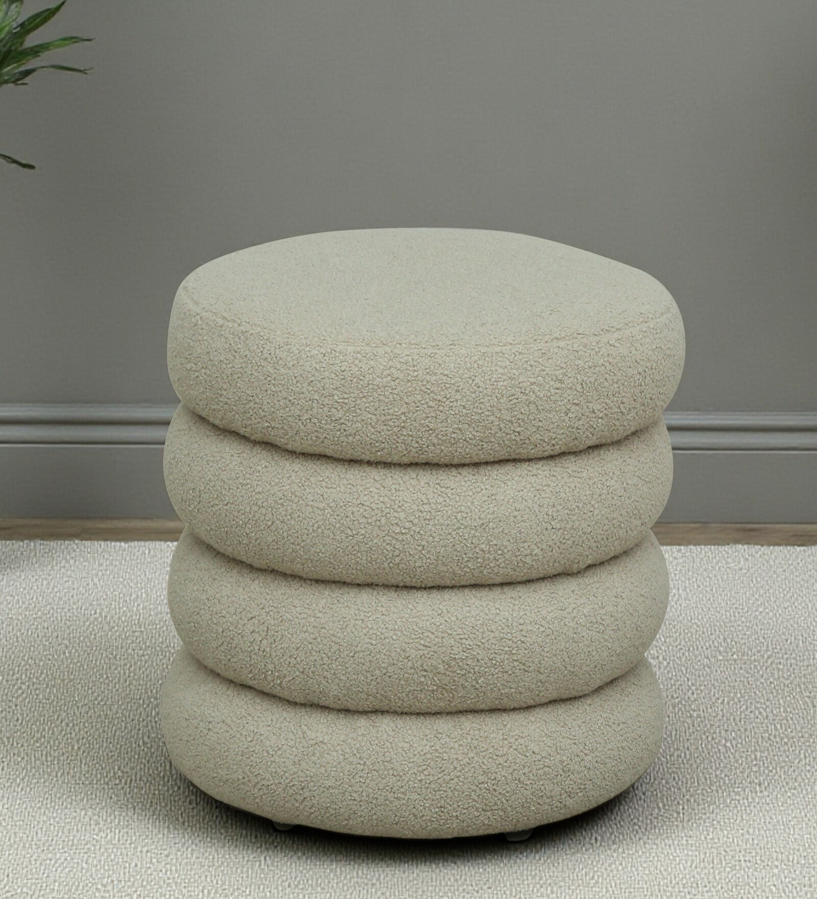 Remona Boucle Fabric Round Pouffe in Lunar Grey Colour Remona Boucle Fabric Round Pouffe in Lunar Grey Colour