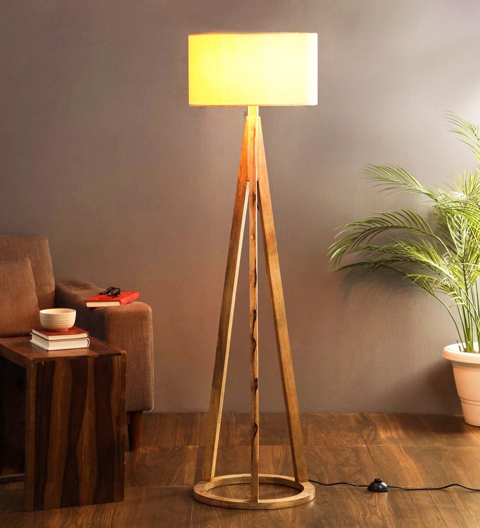 Remy Beige Fabric Shade Tripod Floor Lamp With Mango wood Base