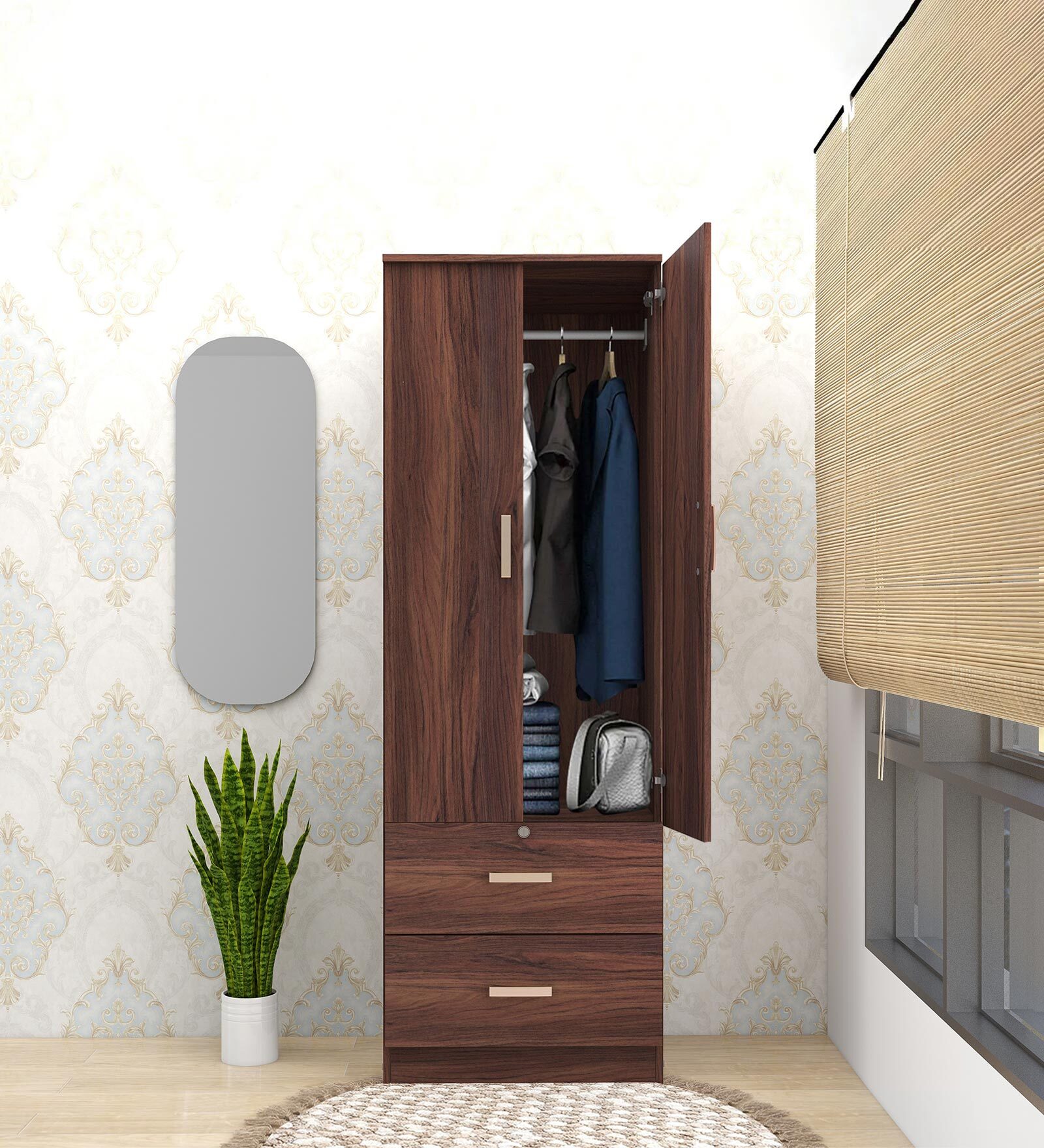 Ren 2 Door Wardrobe in Walnut Finish with Drawers Ren 2 Door Wardrobe in Walnut Finish with Drawers