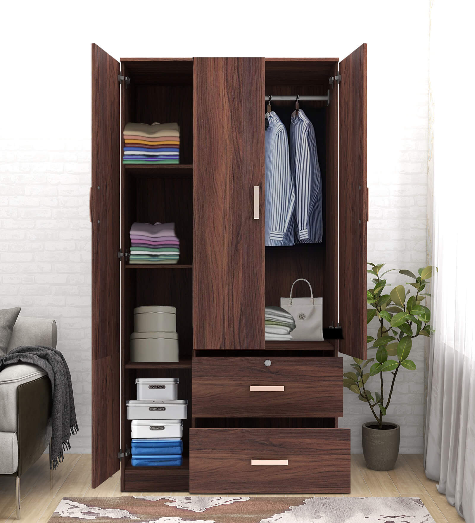 Ren 3 Door Wardrobe in Walnut Finish with Drawers Ren 3 Door Wardrobe in Walnut Finish with Drawers