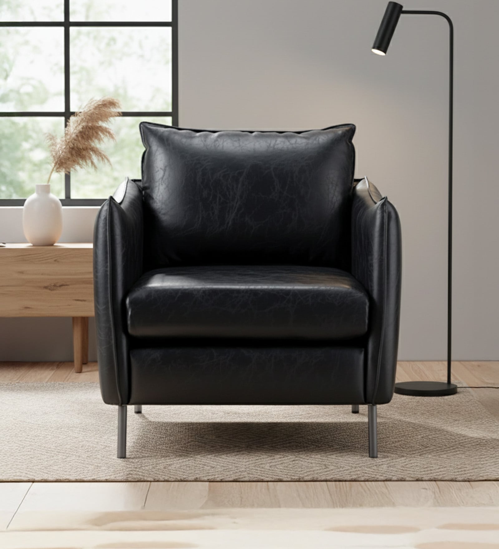 Renaissance Revival Faux Leather Lounge Chair In Black Colour