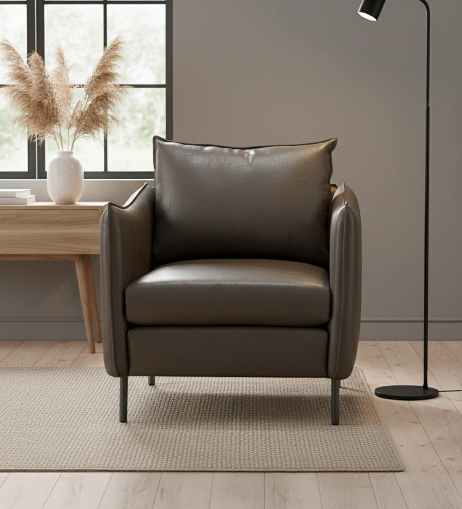 Renaissance Revival Faux Leather Lounge Chair In Grey Colour