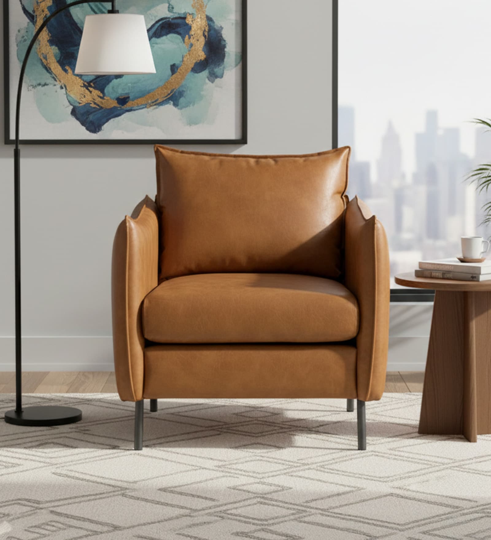 Renaissance Revival Faux Leather Lounge Chair In Tan Colour