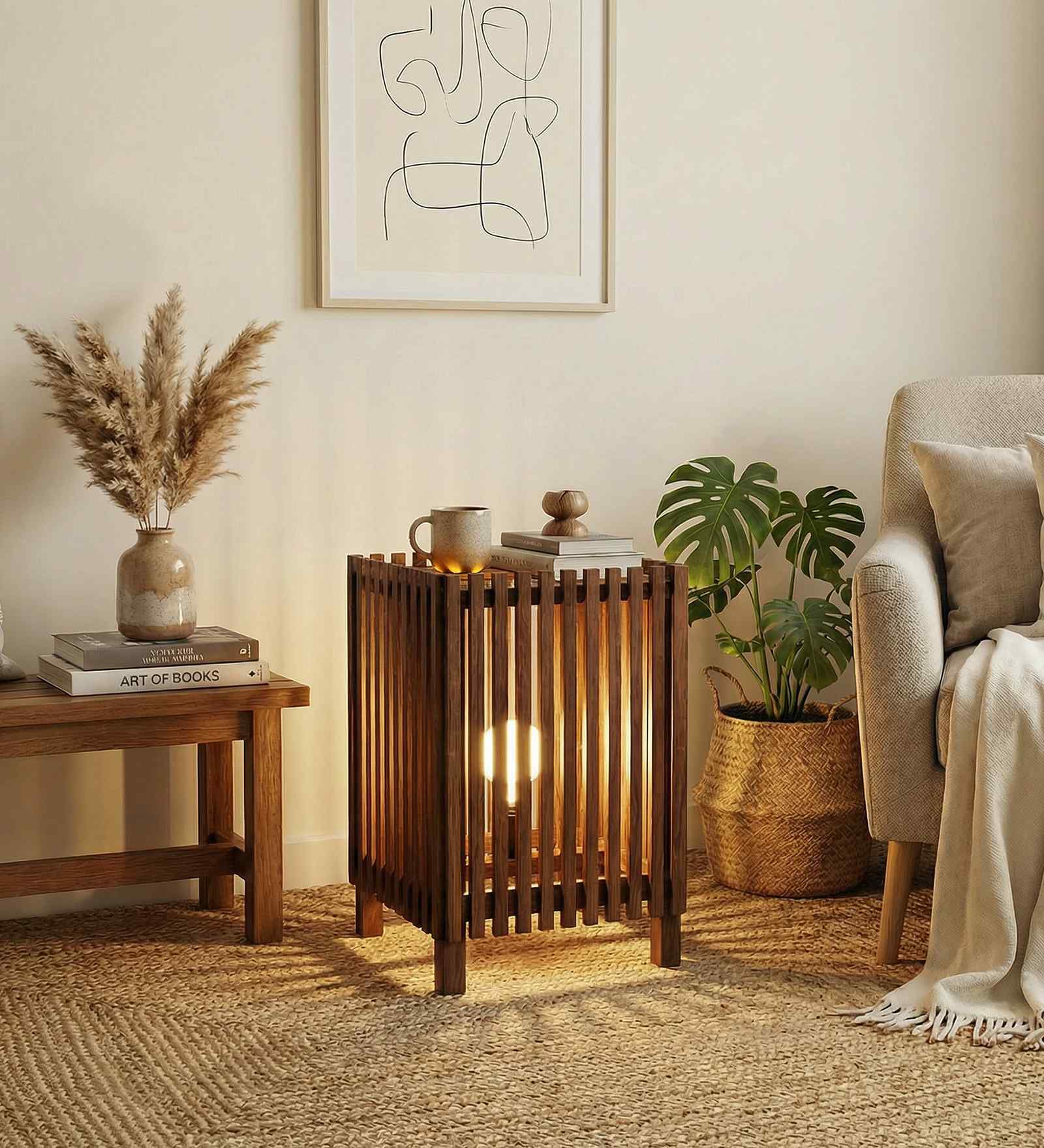 Renard Wooden Shelf Floor Lamp with Wooden Shade & Brown Base