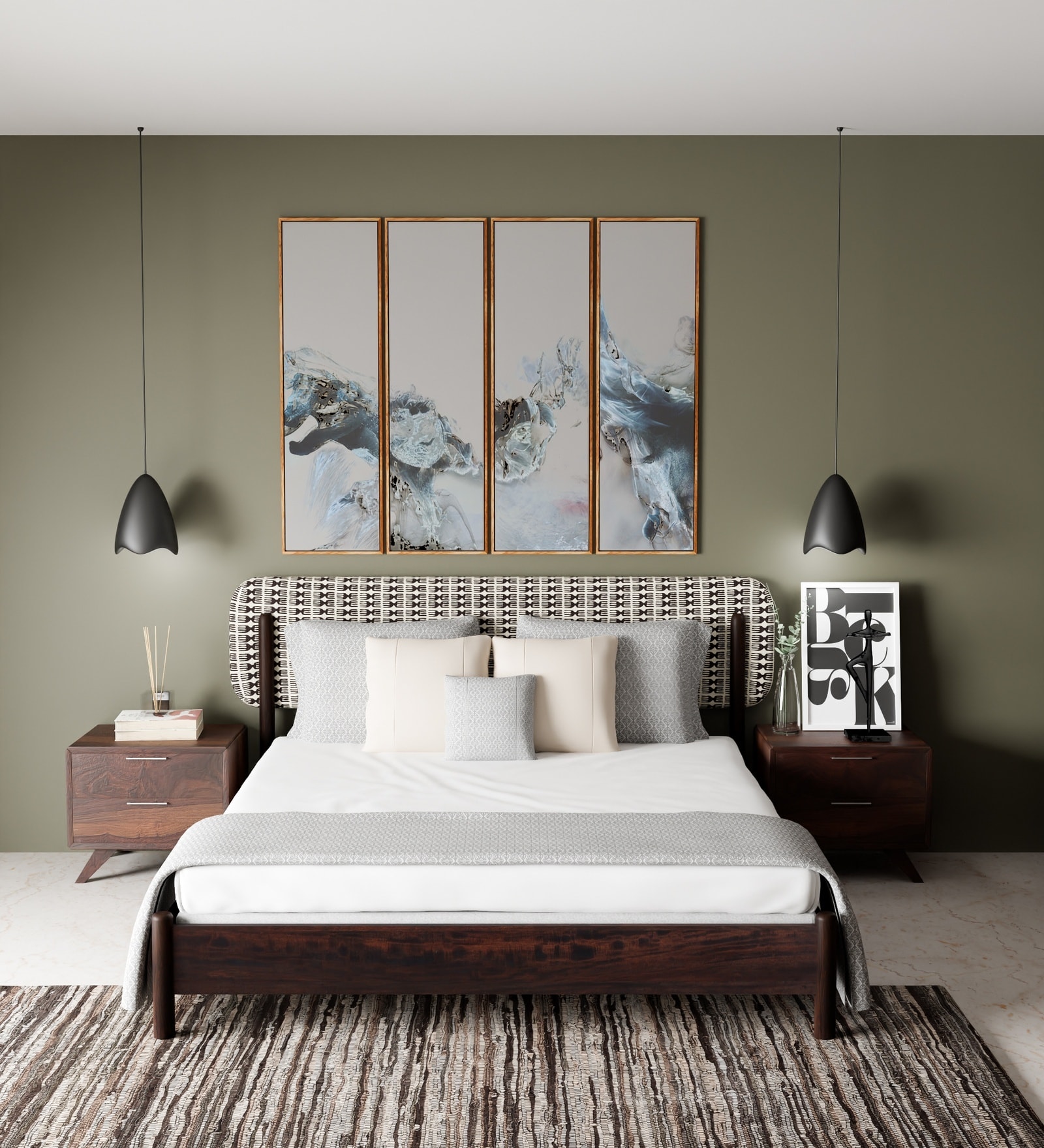 Rene Magpie Sheesham Wood King Size Bed with Upholstered Headboard in Burnt Oak Finish