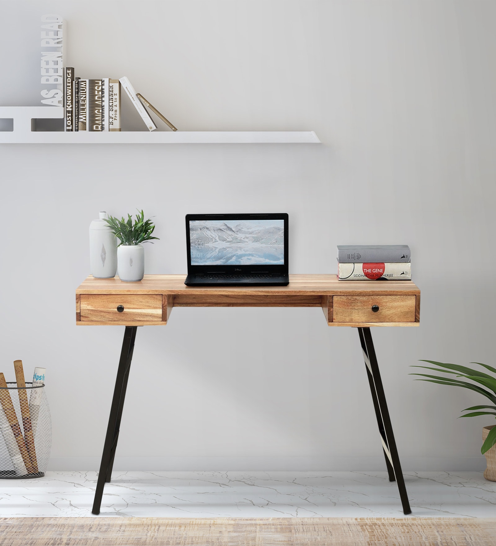 Rene Solid Wood Writing Table In Natural Finish