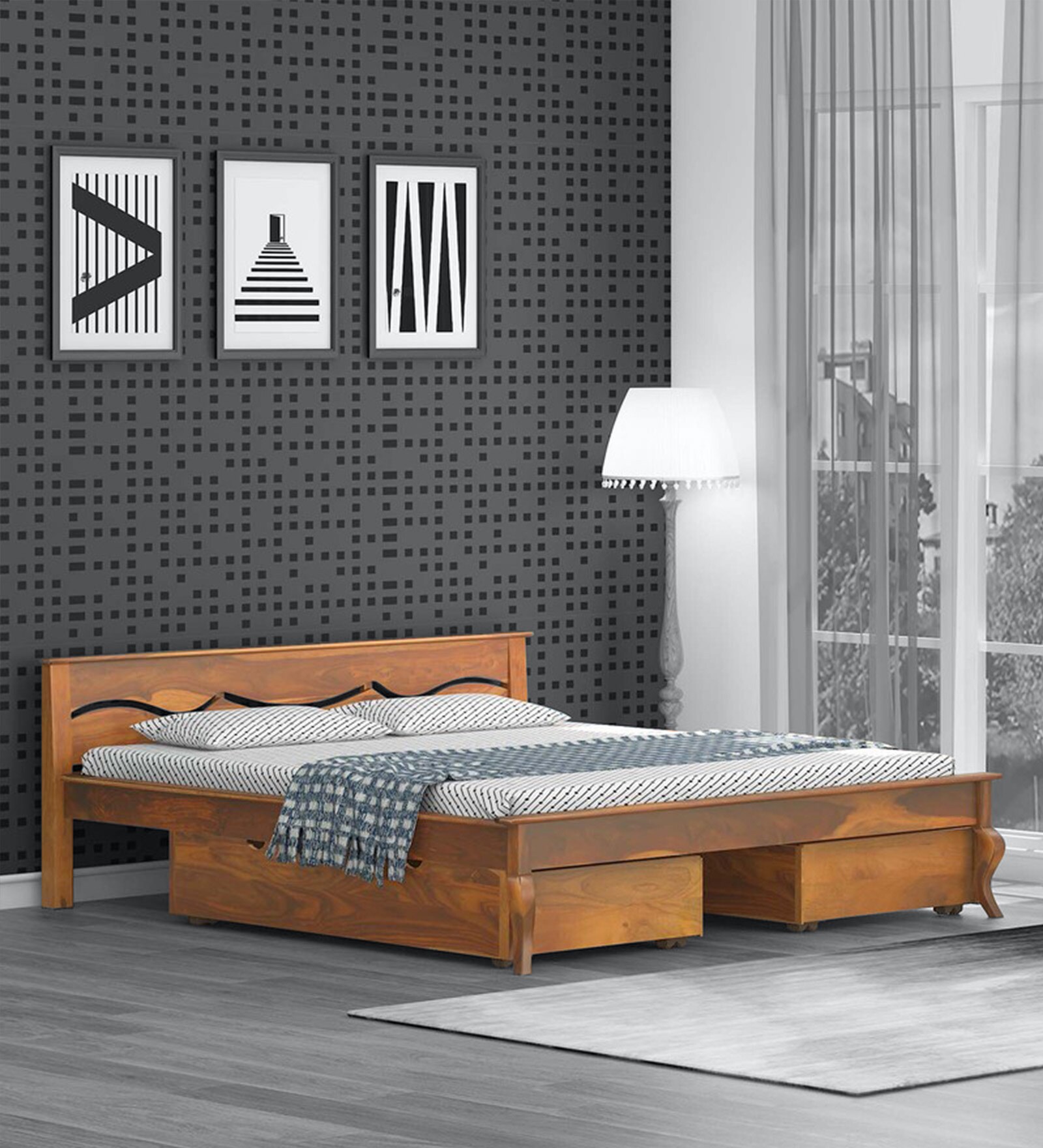 Renee Sheesham Wood King Size Bed With Drawer Storage In Rustic Teak Finish