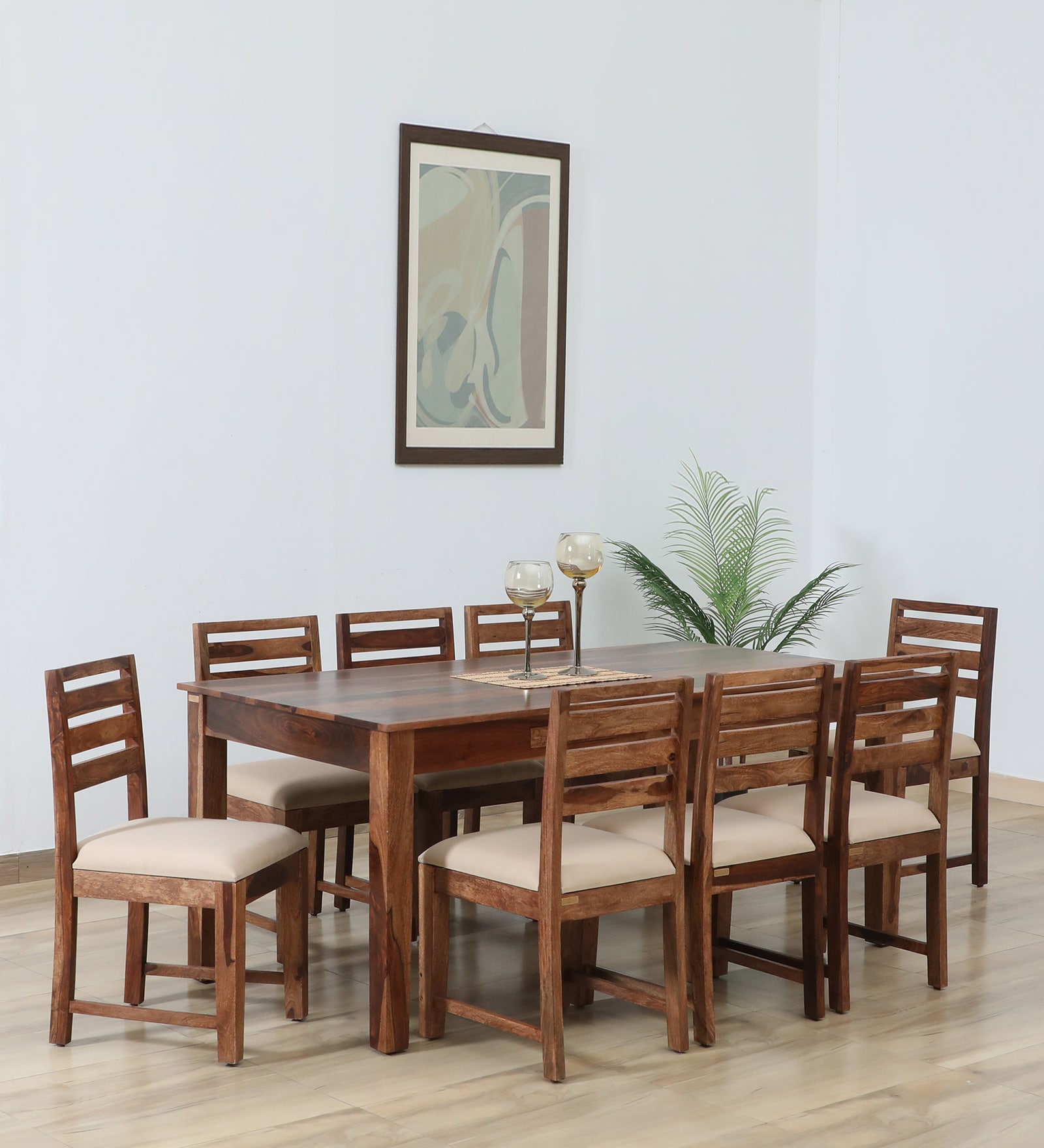 Renton Sheesham Wood 8 Seater Dining Set In Rustic Teak Finish