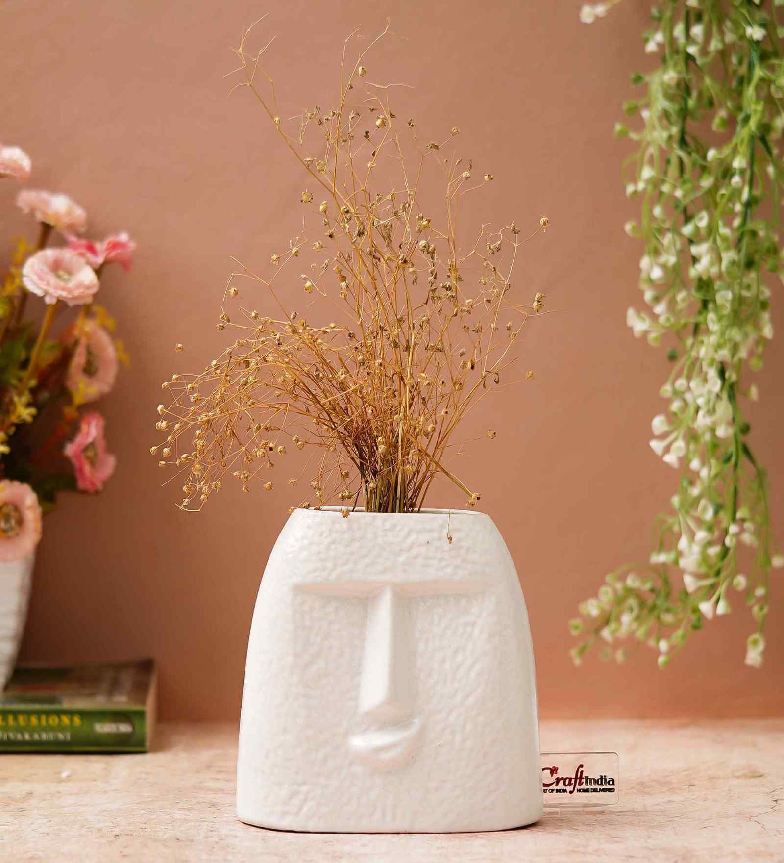 Resin Smile Face Shape Decorative Flower Vase Pot Artificial Flowers Plant (White)Home Decoration Items for Living Room Bedroom Hall Office Table| Home Decor Gifts for Birthday