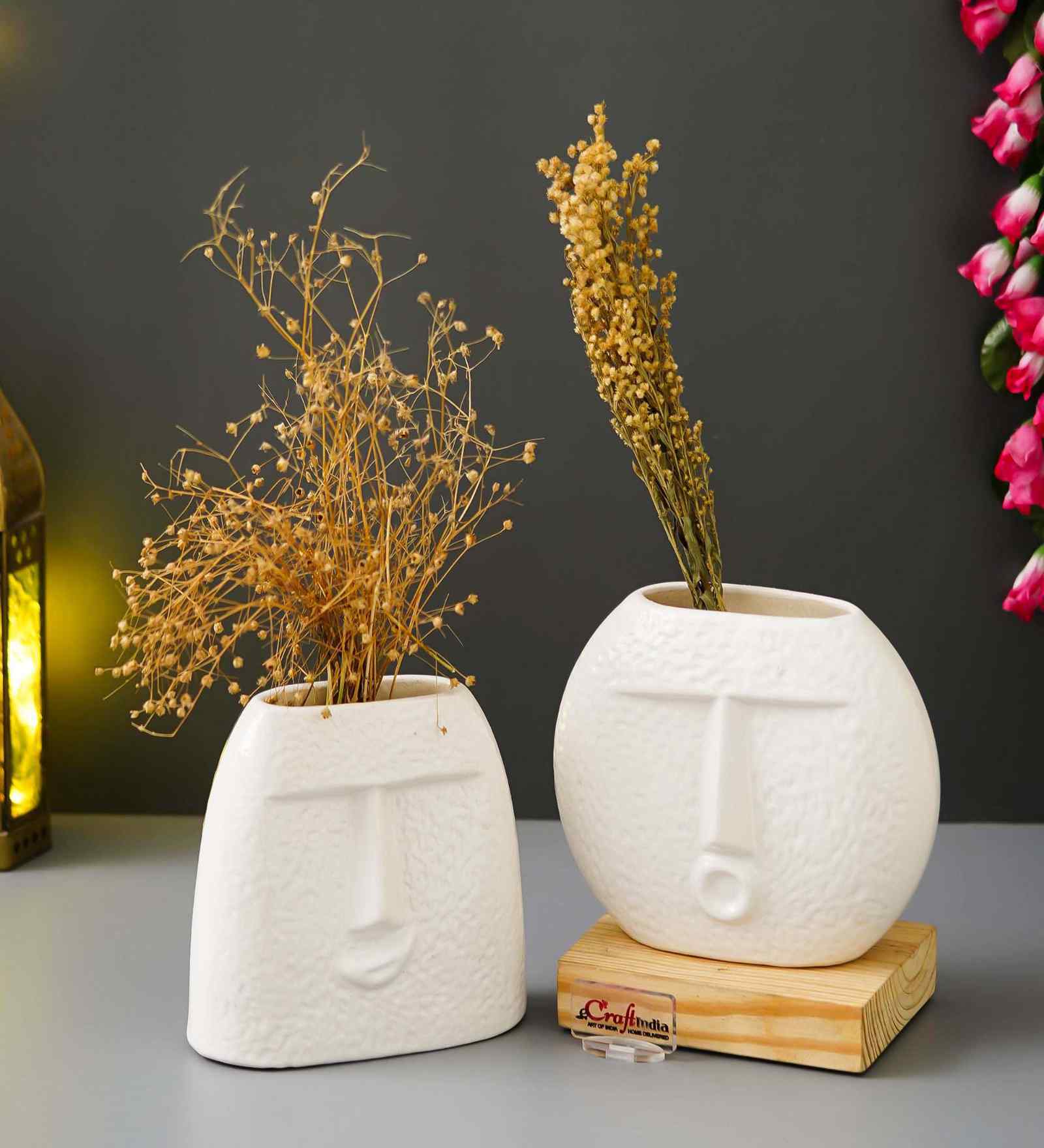 Resin Smile Face Shape Decorative Flower Vases Pots Artificial Flowers Plants (Set of 2, White)Home Decoration Items for Living Room Bedroom Hall Office Table|Home Decor Gifts for Birthday