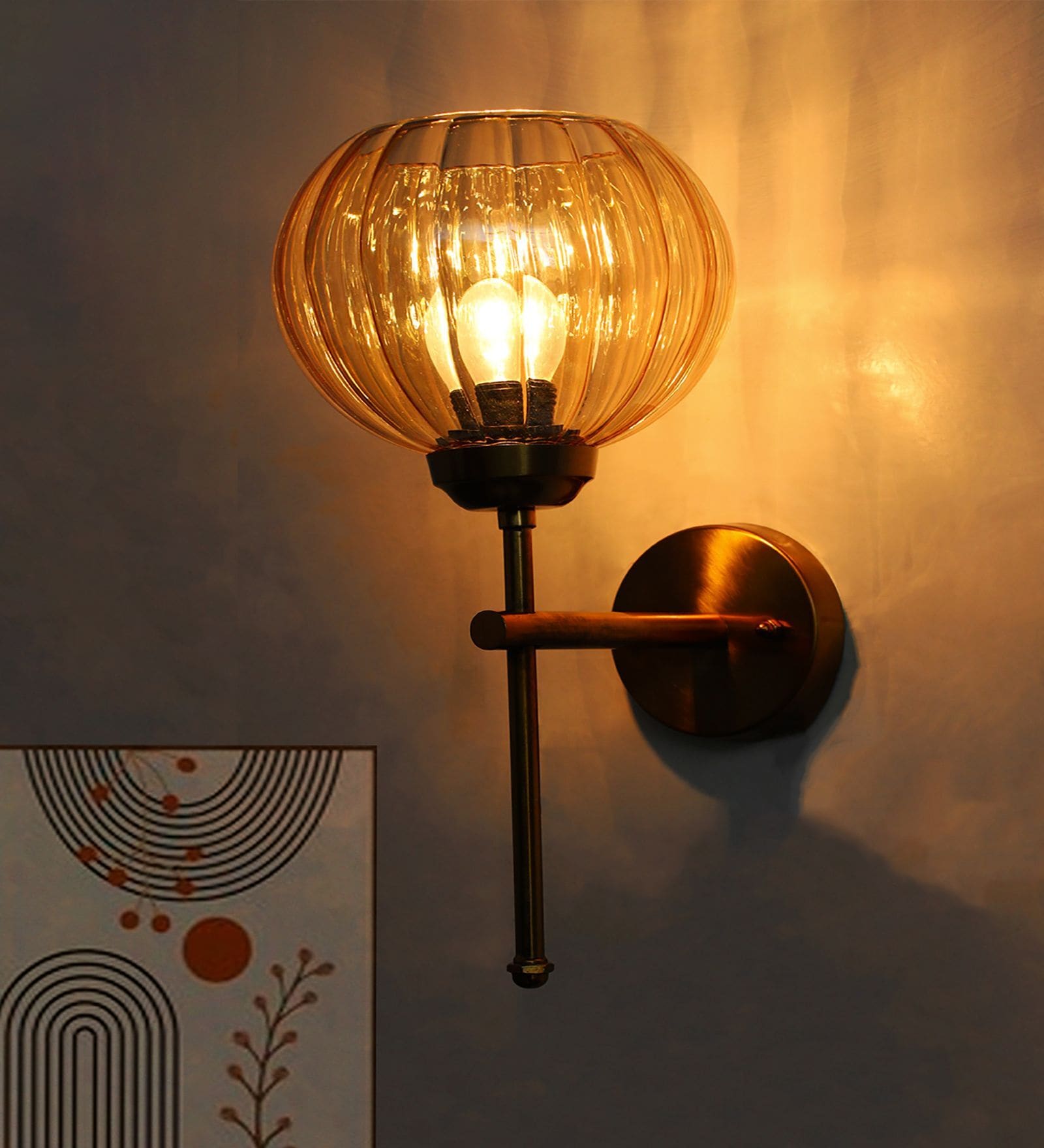 Retro Brass Wall Lamp Amber Ribbed Kharbuja Glass