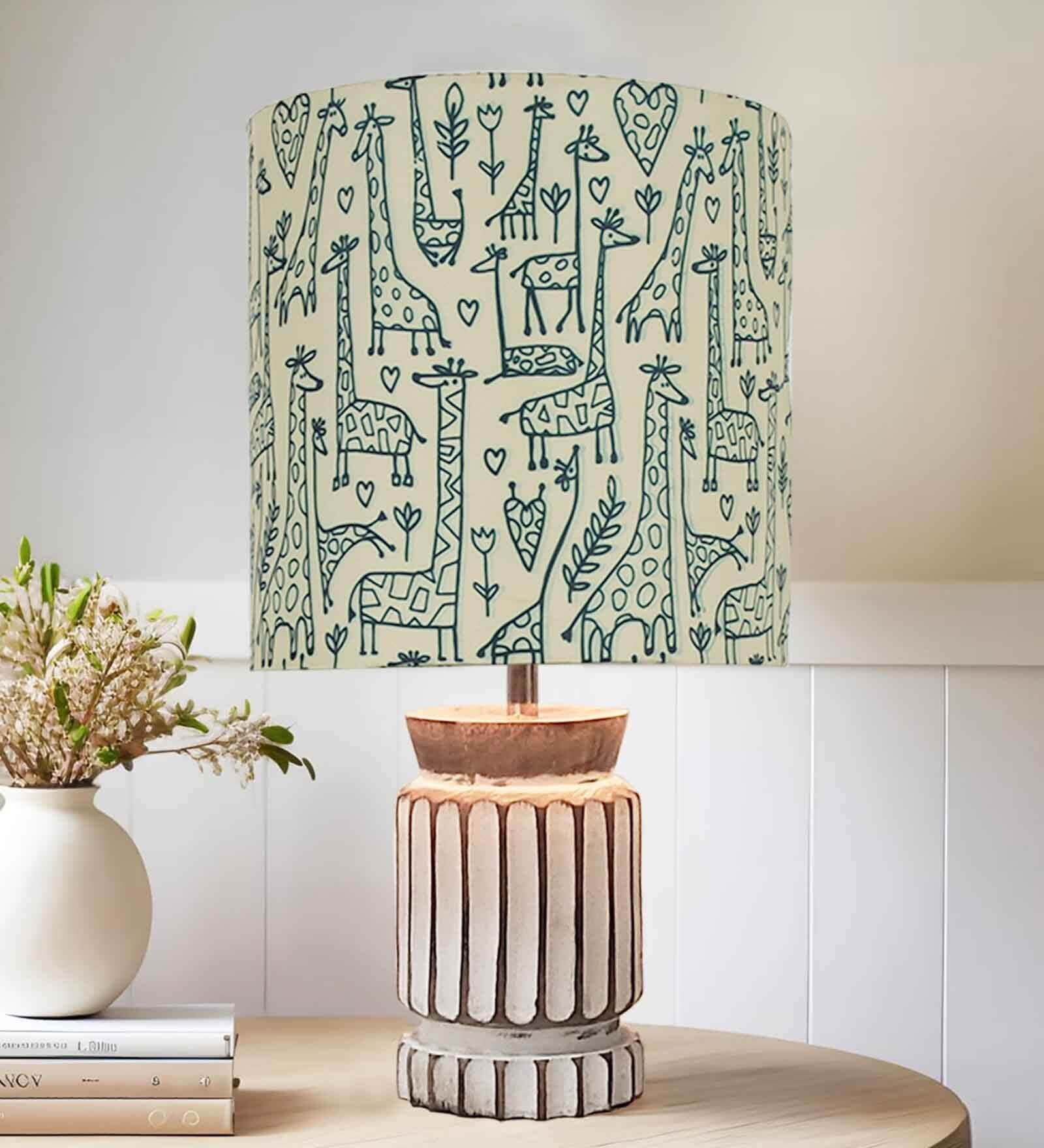 Retro Farmhouse Table Lamp for Living Room Bedroom Rustic Linen Bedside Nightstand Lamps for Kids Room Study Office Wood, Carved Cylinder, Savannah