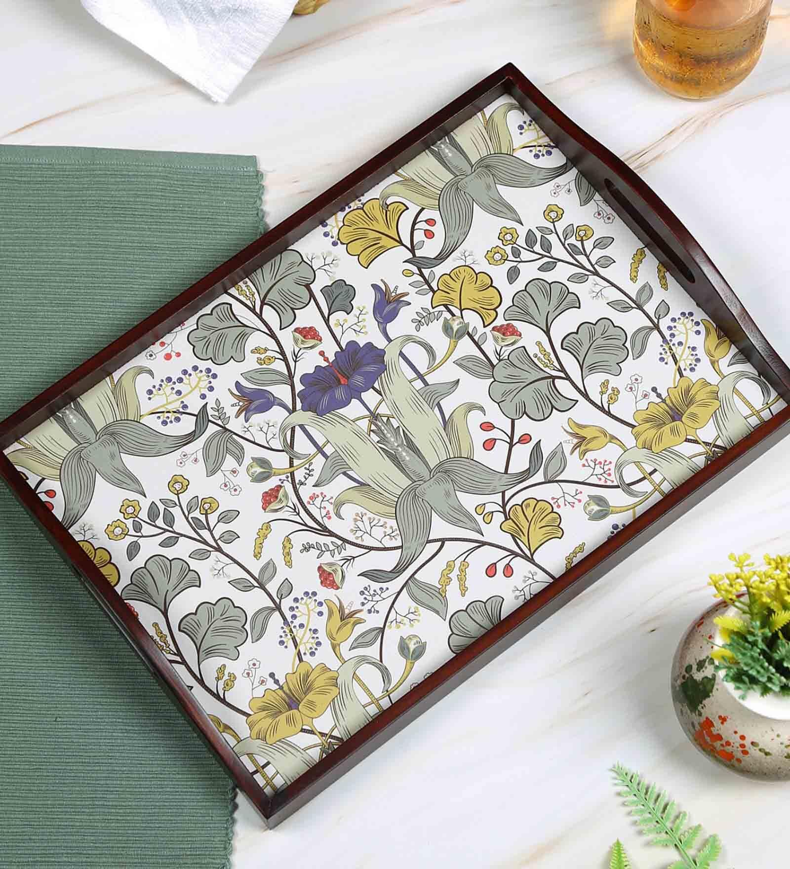 Retro Hibiscus Brown Teak Wood & MDF Serving Tray Reinvention factory