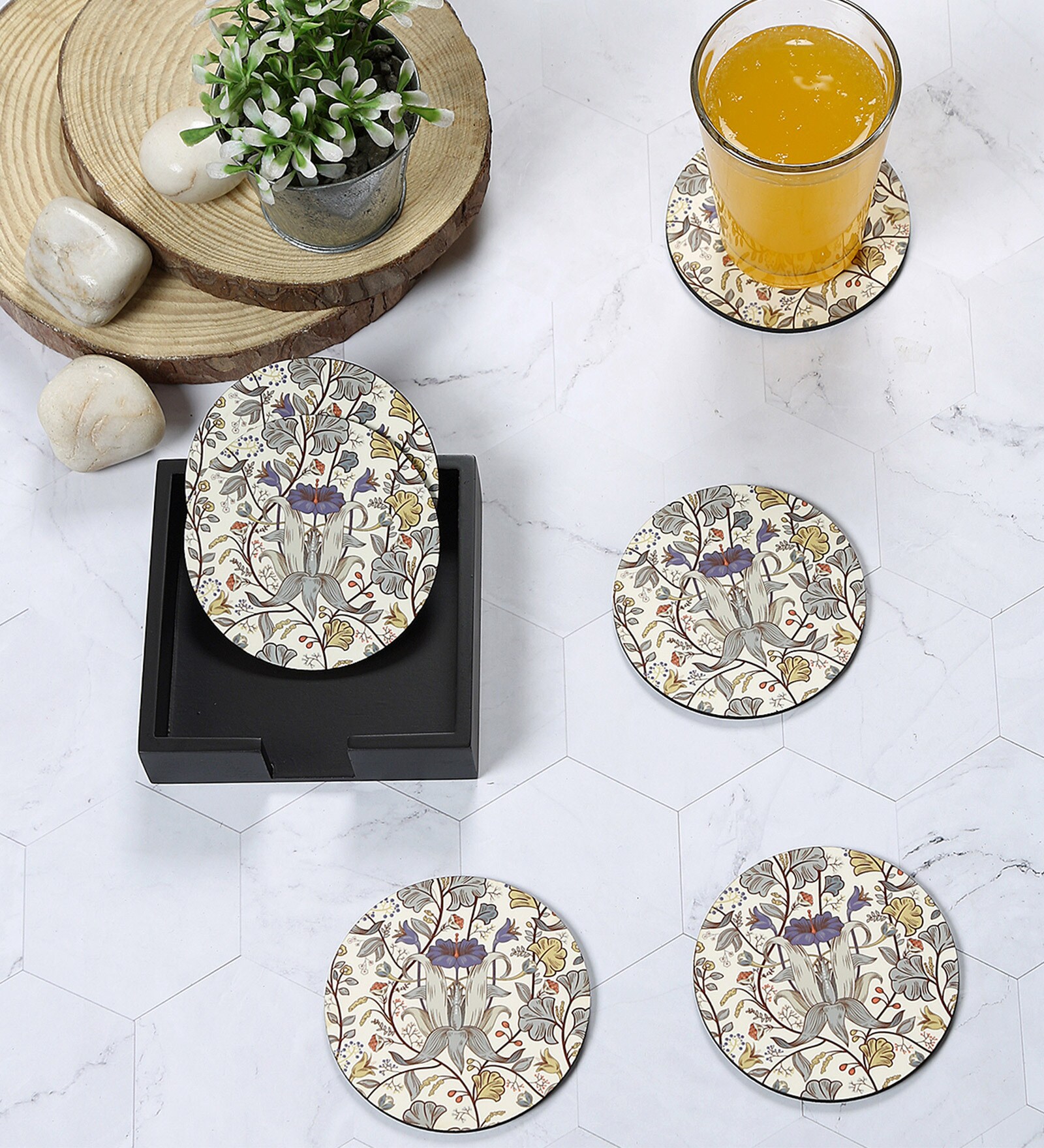 Retro Hibiscus Cream MDF (Set of 6 ) Table Coasters