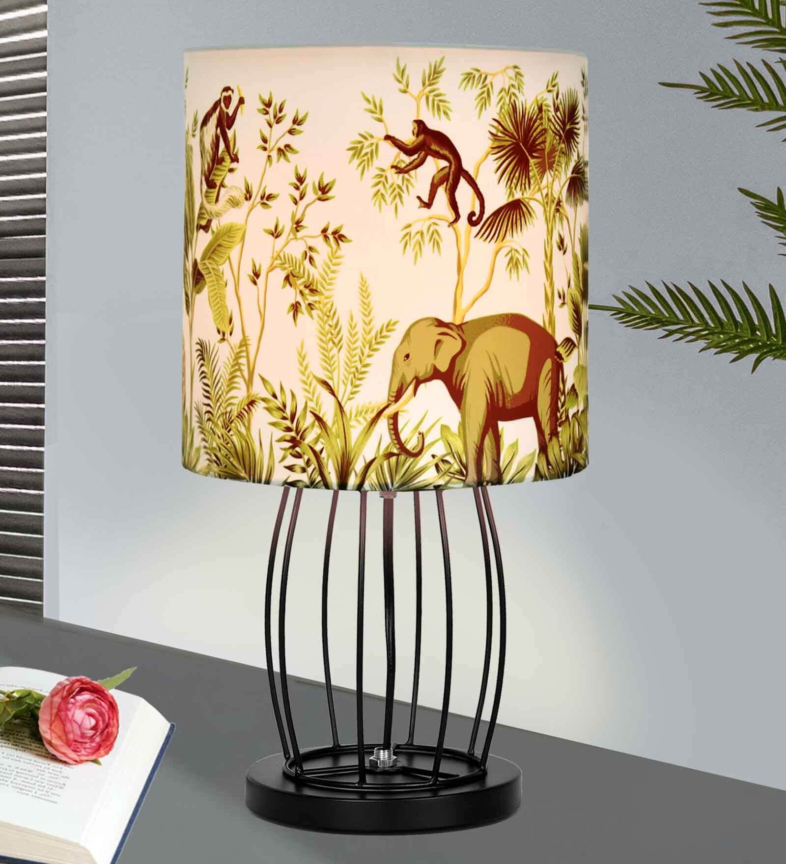 Retro Metal Wire Table Lamp Cage Base, Bedside Light, Fabric Lampshade, Jungle Shade