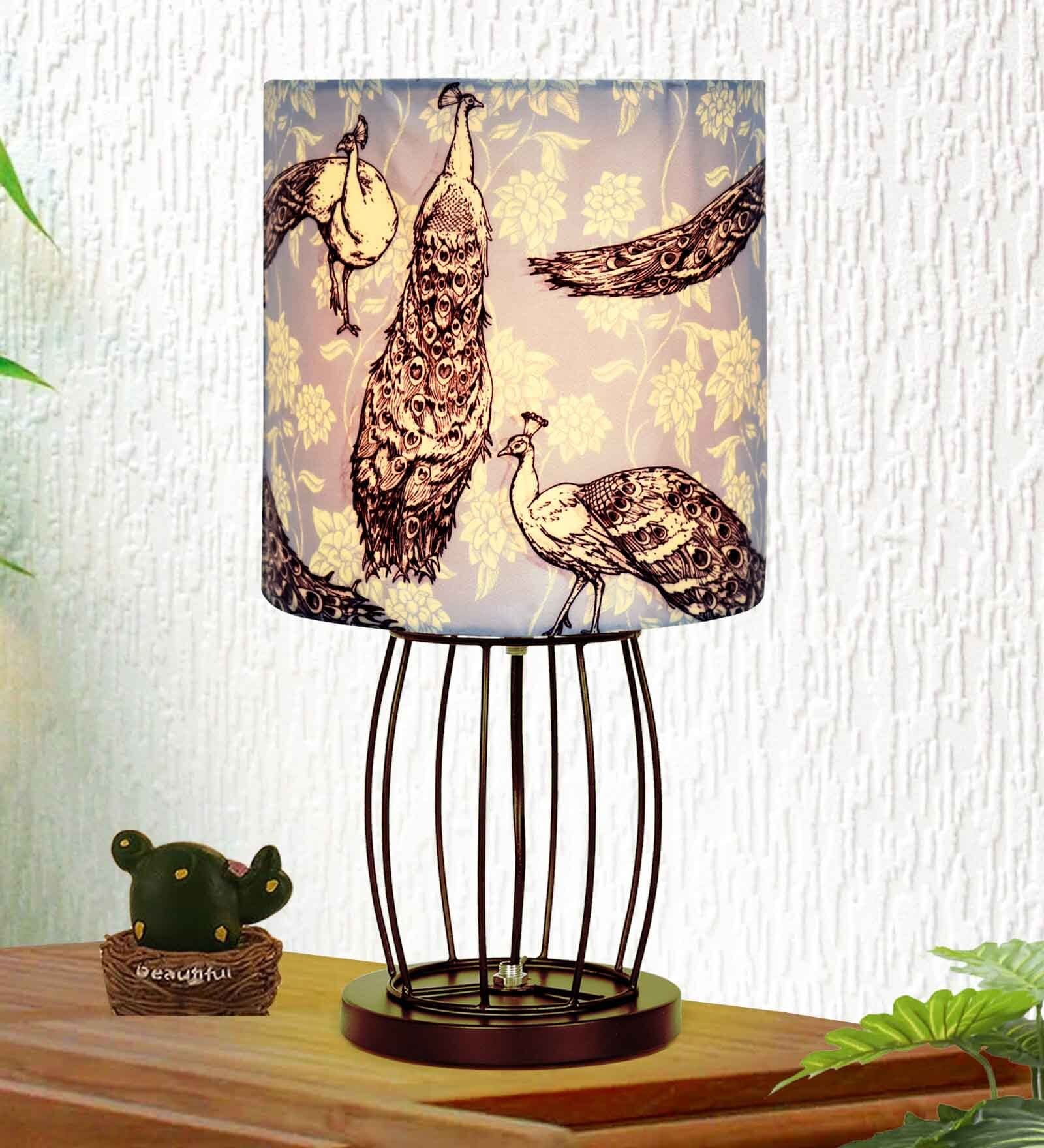 Retro Metal Wire Table Lamp, Cage Base, Peacock Shade