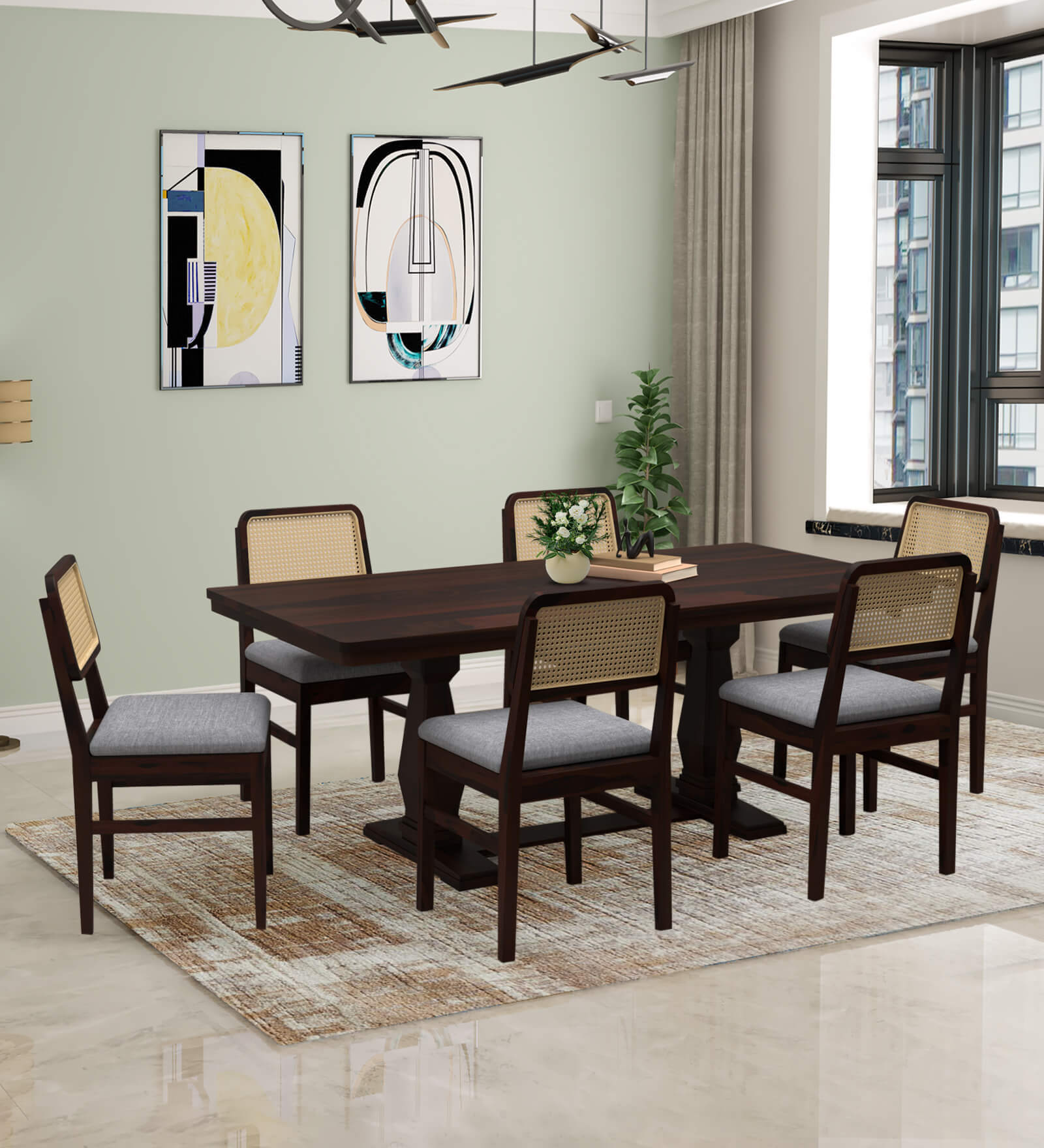 Retro Solid Wood 6 Seater Dining Set In Walnut Finish