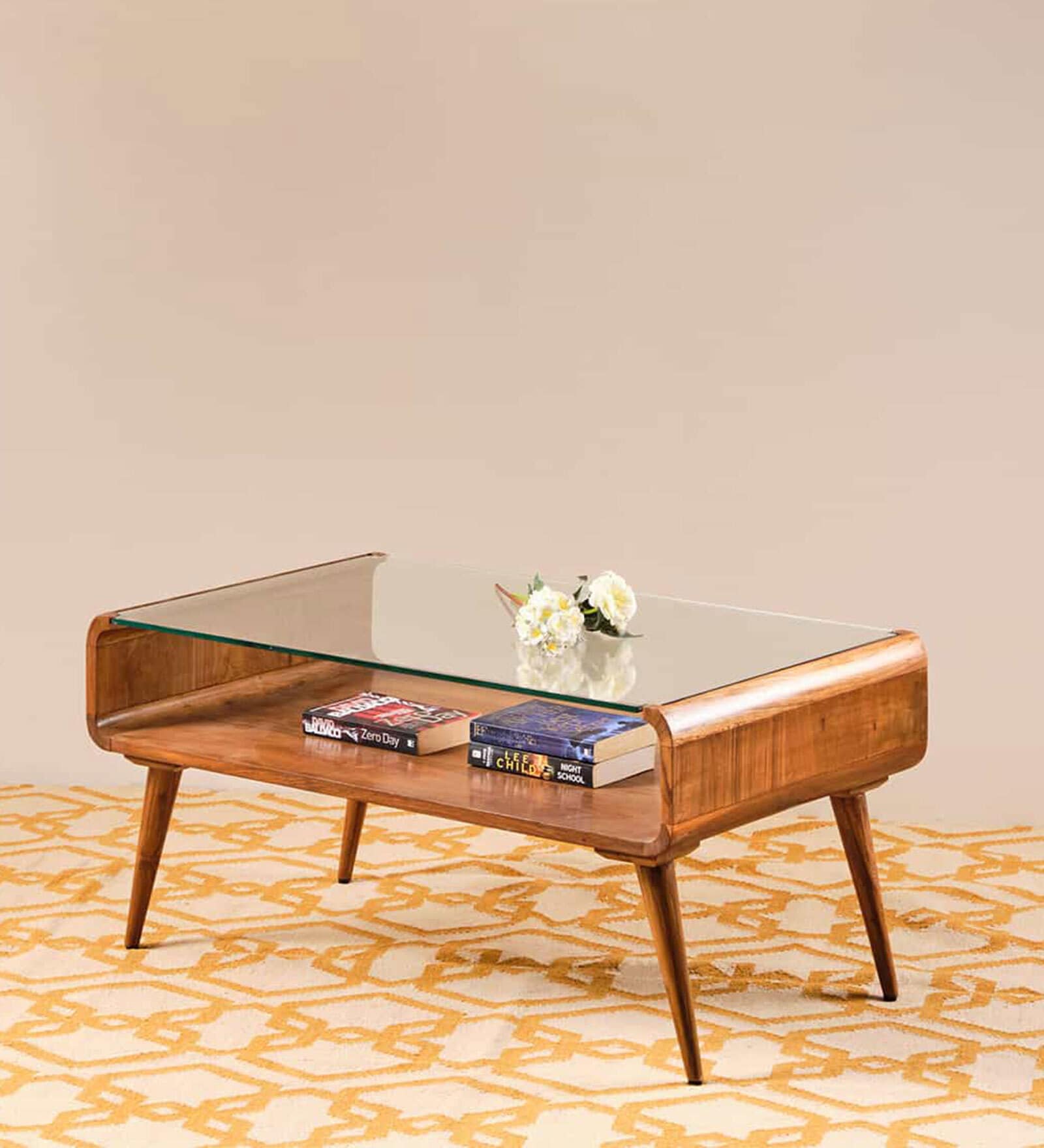 Retro Teak Glass Top Coffee Table Temp in Natural Teak Finish