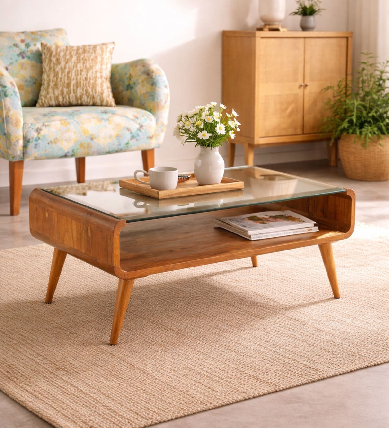 Retro Teak Wood Coffee Table In Natural Finish With Glass Top