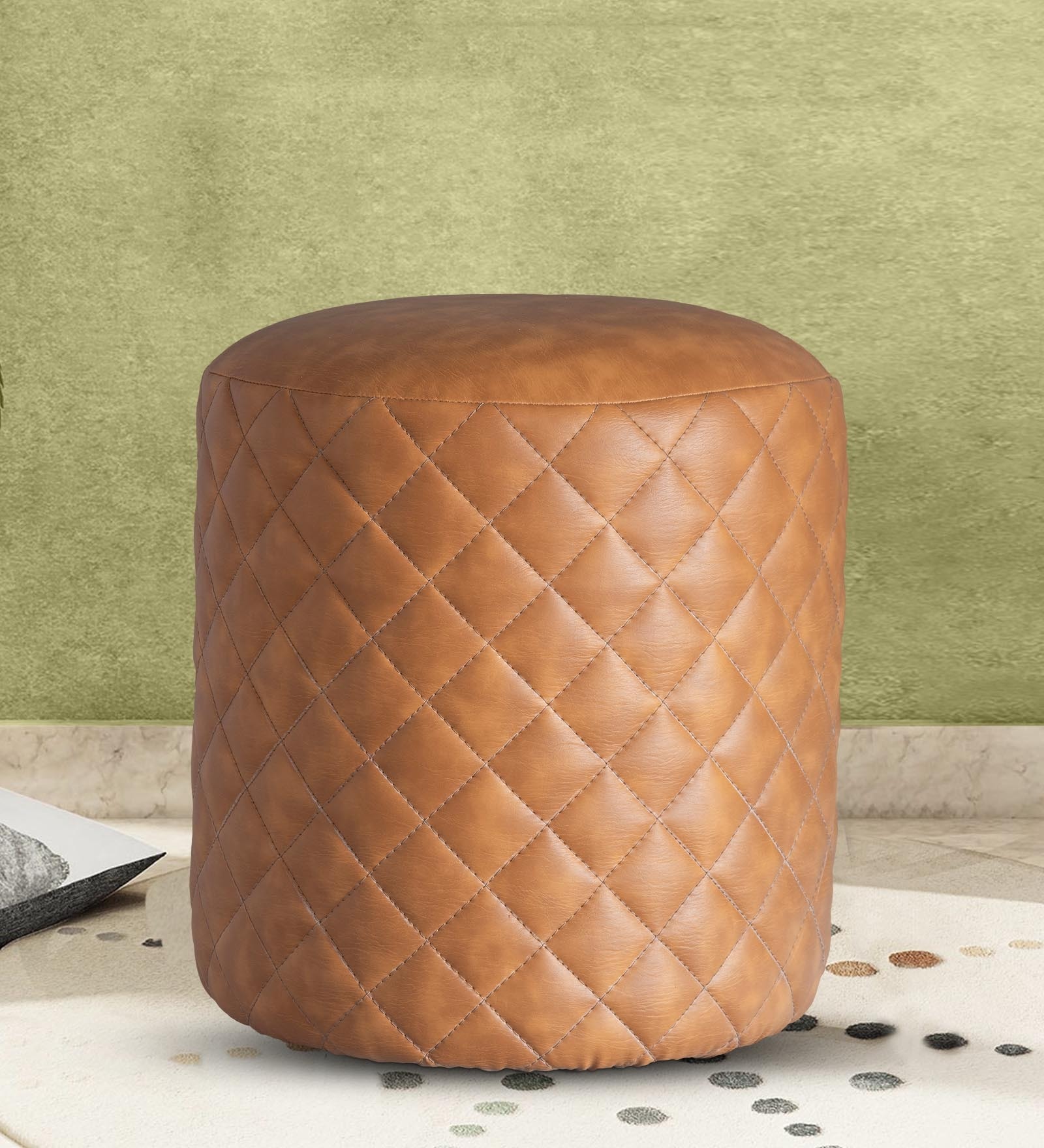 Rexo Leatherette Pouffe in Beige Colour