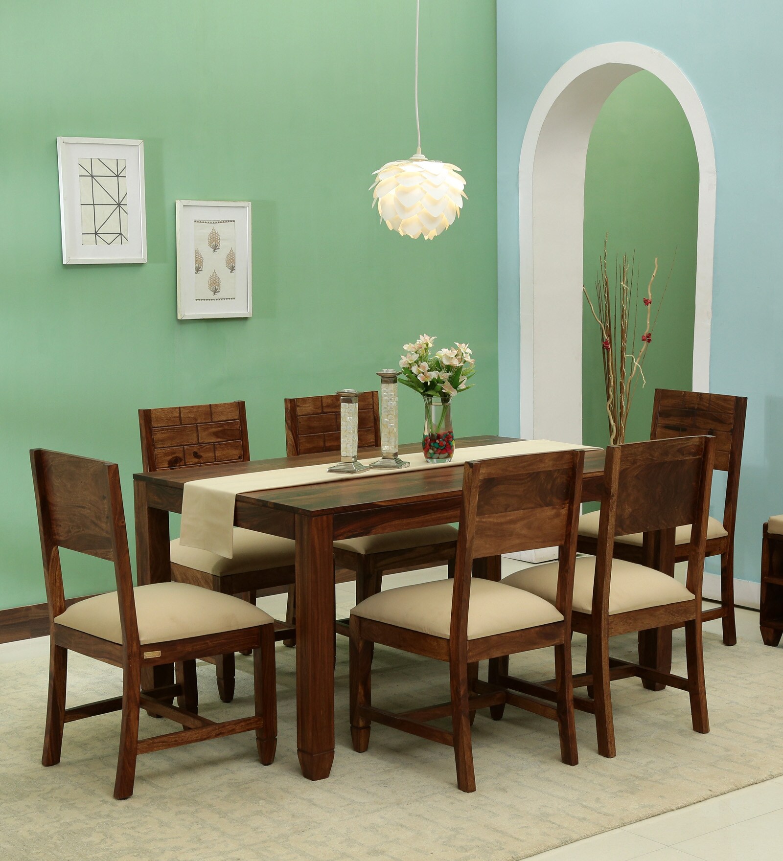 Rezzan Sheesham Wood 6 Seater Dining Set In Scratch Resistant Rustic Teak Finish