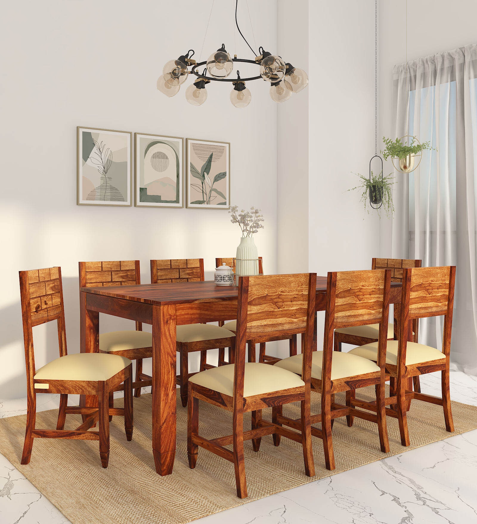 Rezzan Sheesham Wood 8 Seater Dining Set In Scratch Resistant Rustic Teak Finish