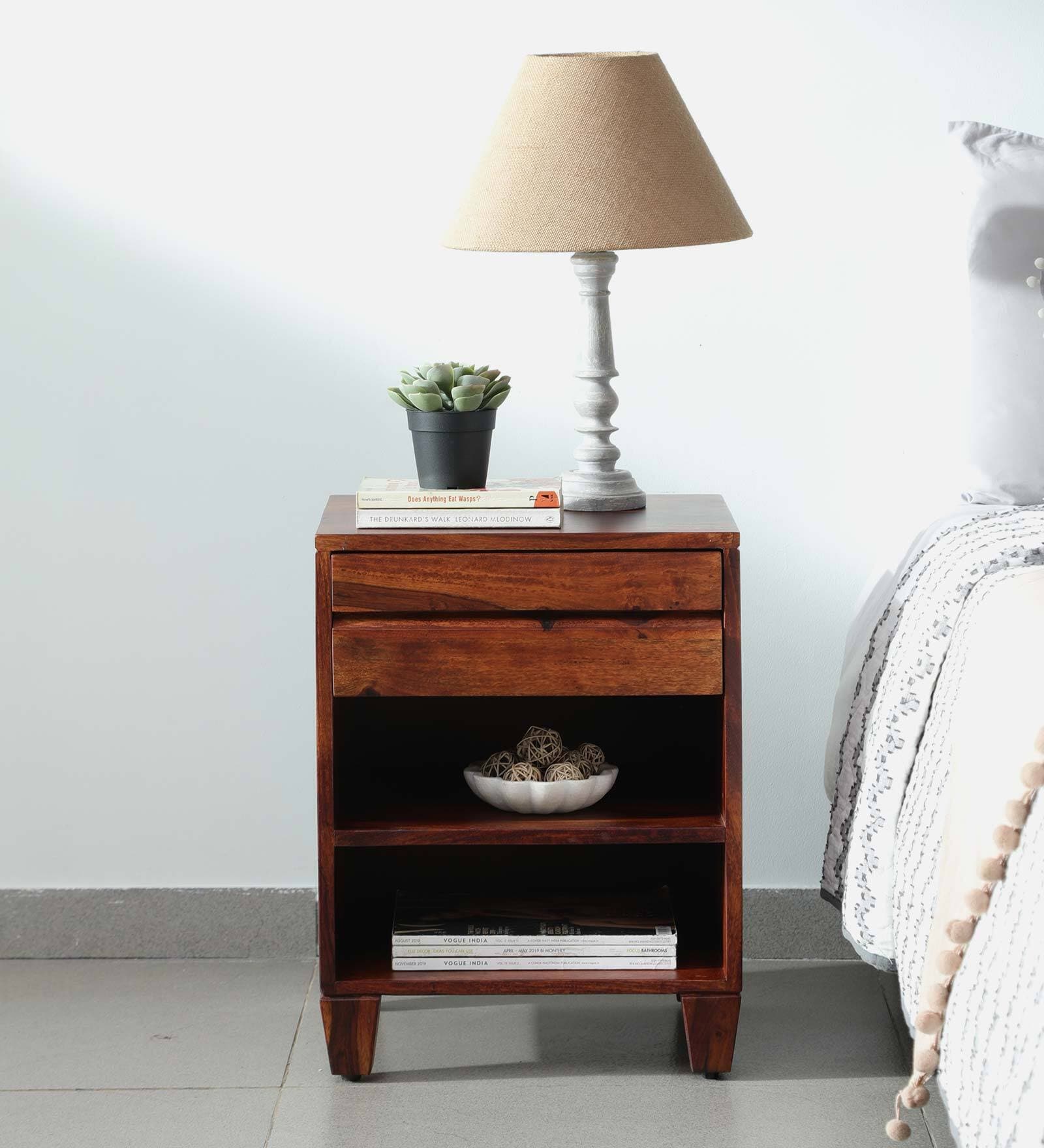 Rezzan Sheesham Wood Bedside Table in Scratch Resistant Honey Oak Finish With Drawer