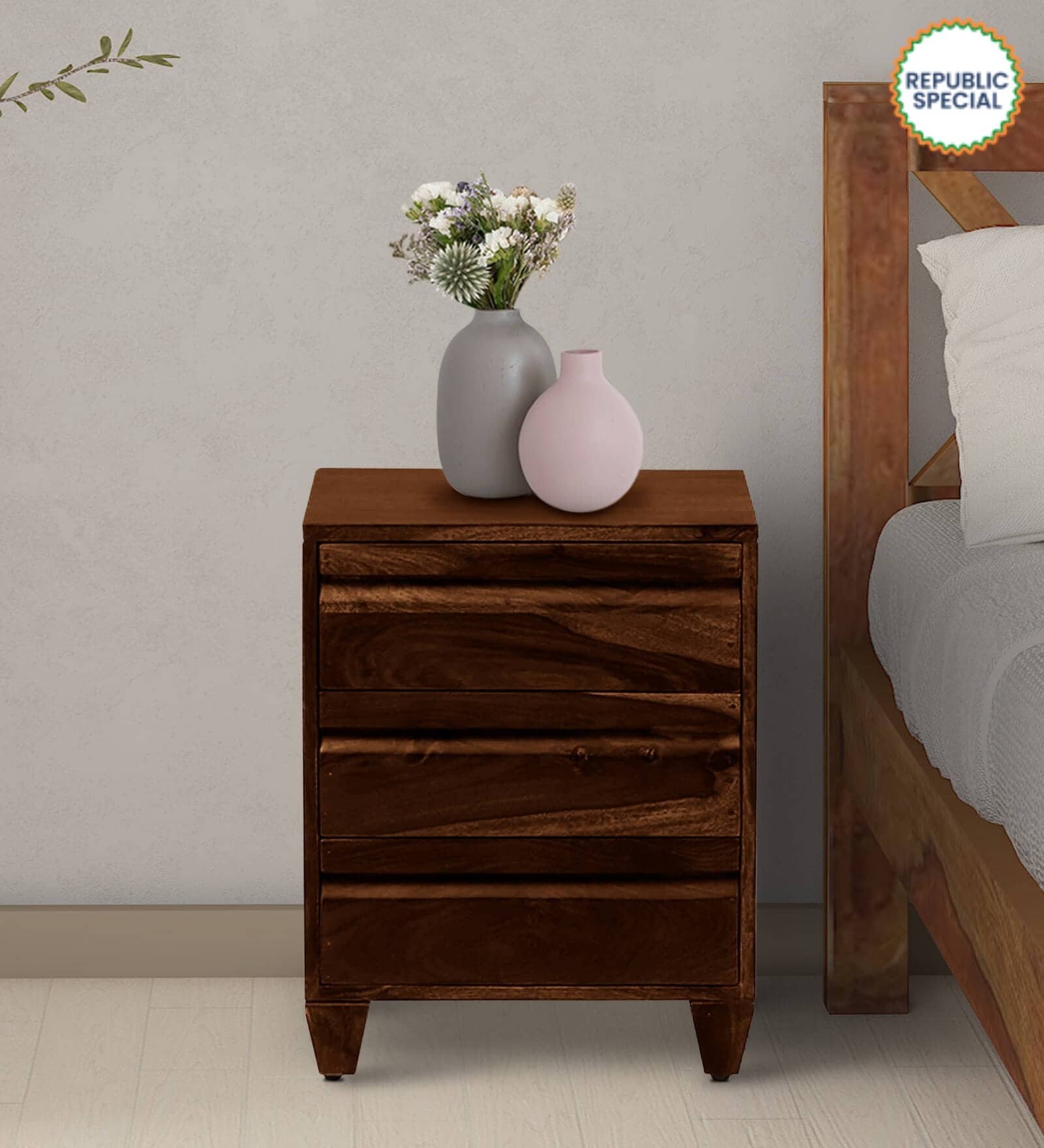Rezzan Sheesham Wood Bedside Table In Scratch Resistant Provincial Teak Finish With Drawers