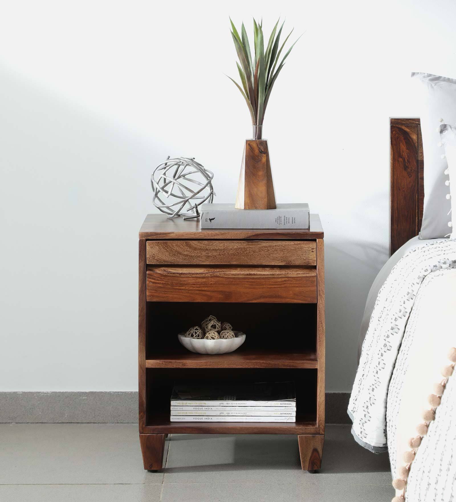Rezzan Sheesham Wood Bedside Table In Scratch Resistant Rustic Teak Finish With Drawer