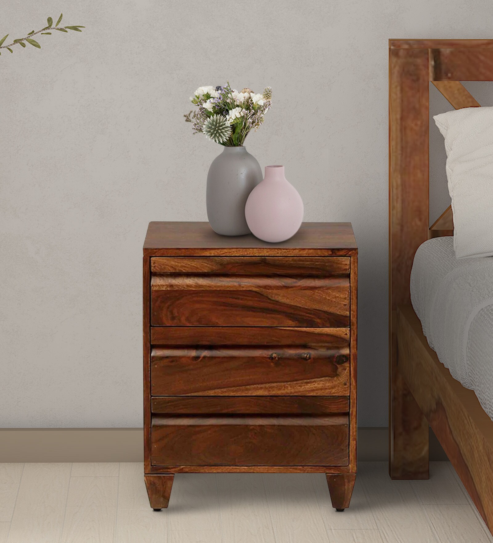 Rezzan Sheesham Wood Bedside Table In Scratch Resistant Rustic Teak Finish With Drawers