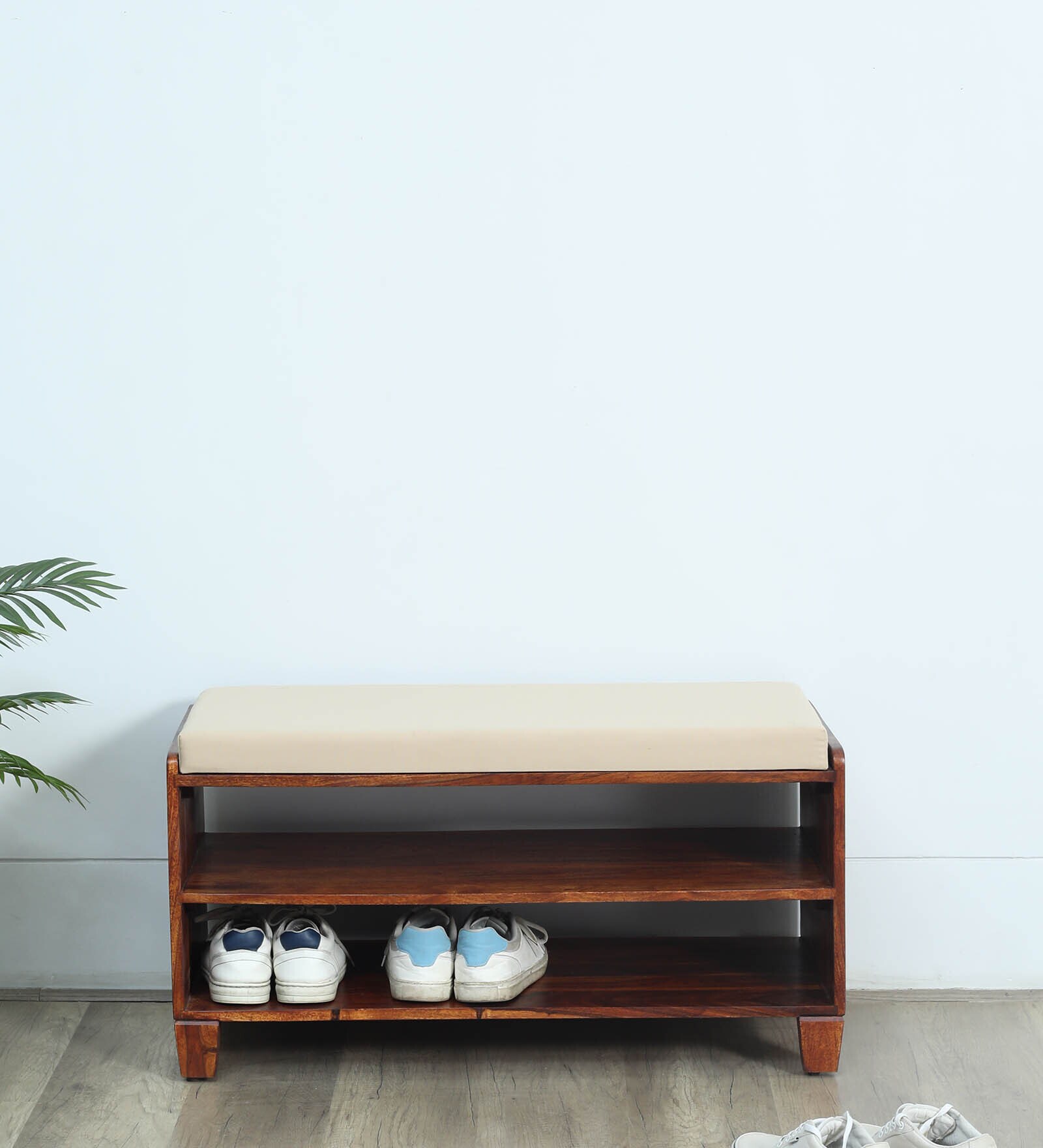 Rezzan Sheesham Wood Shoe Rack With Seating In Honey Oak Finish