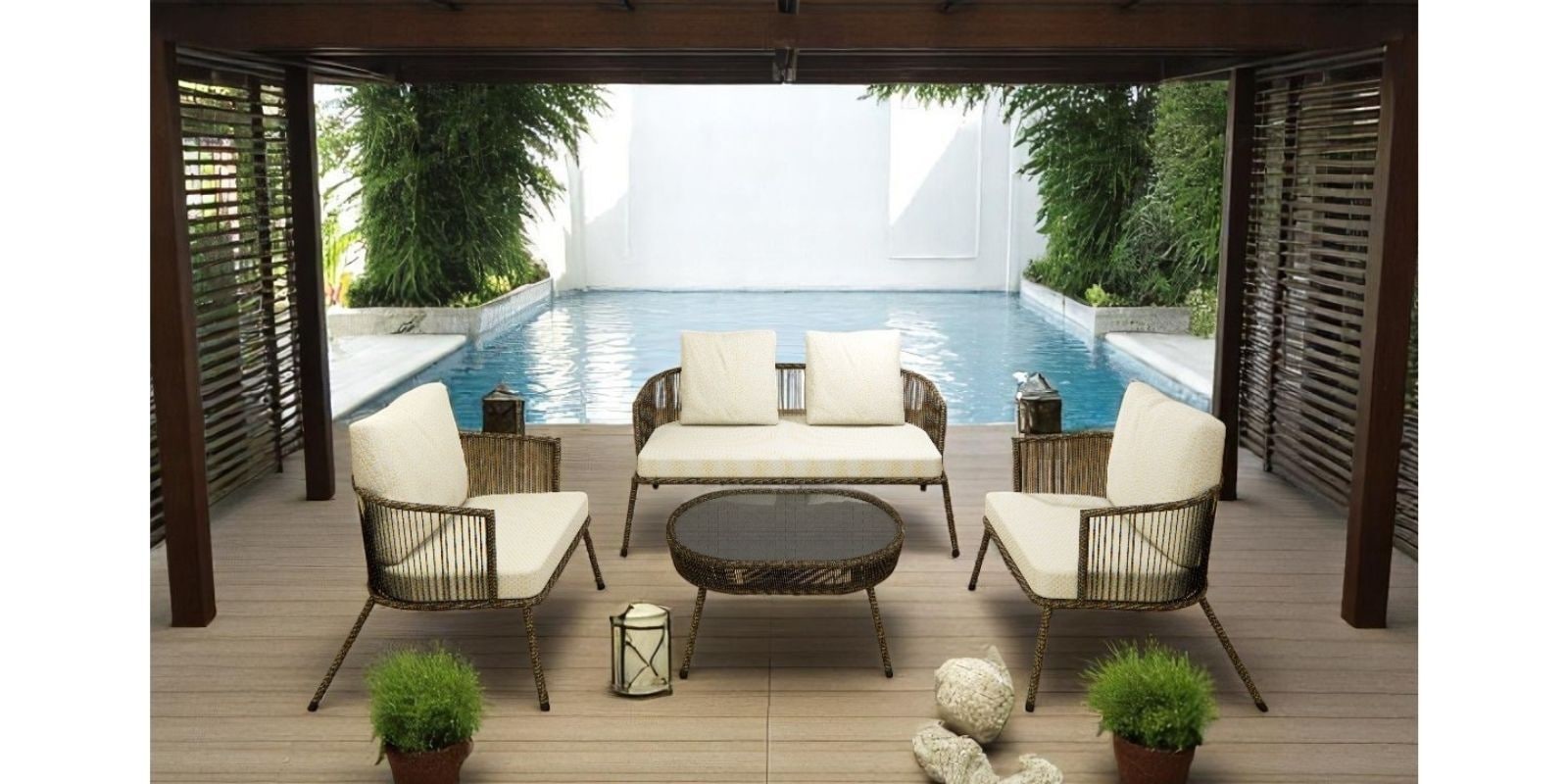 Rena Wicker 2+1 Seater Sofa with Table In Beige Colour