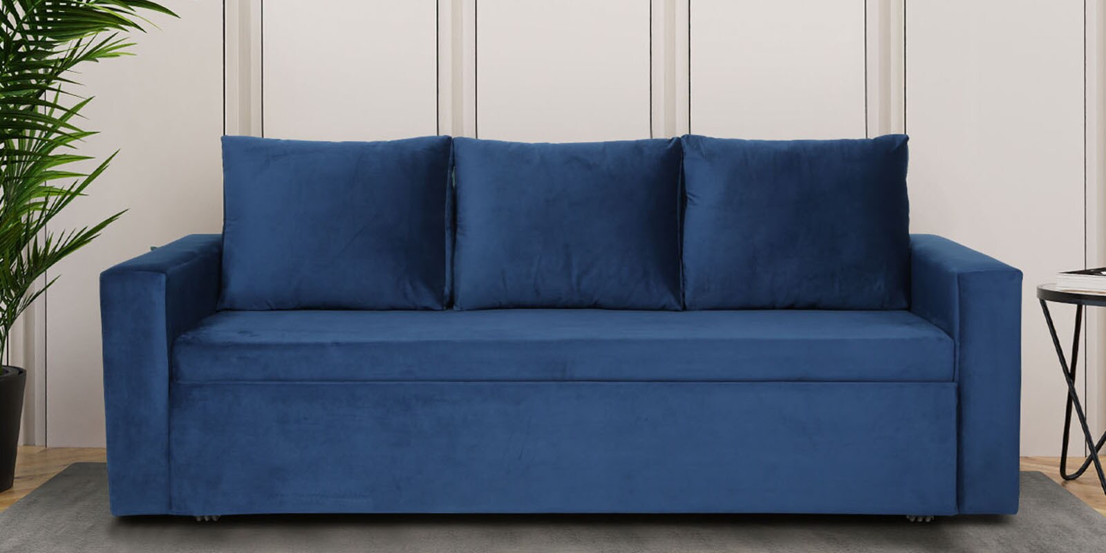 Reno Velvet Pull-Out Sofa Cum Bed in Royal Blue Colour with Storage