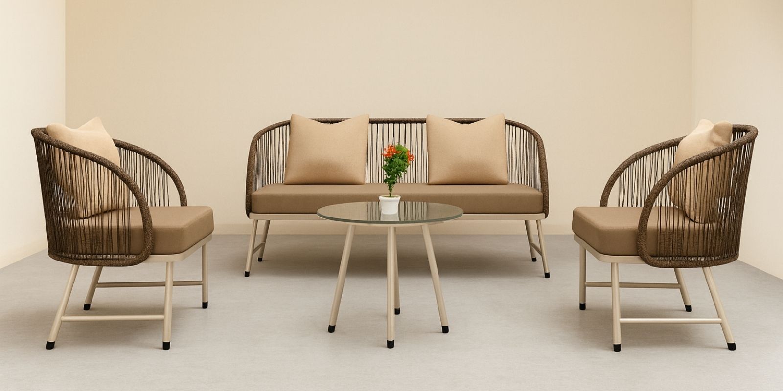 Reva Wicker 2+1 Seater Sofa with Table In Beige Colour