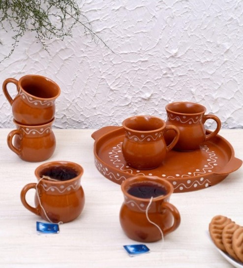 Re-Usable 150Ml Brown Ceramic Set Of 6 Glass With 1 Tray