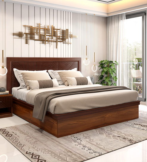 Rebecca Queen Size Beds With Hydraulic Storage In Brown Finish