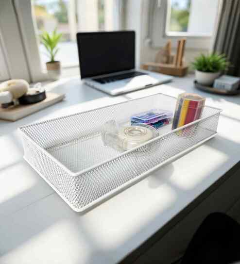 Rectangular Ecru White Stackable Metal Mesh Storage Basket