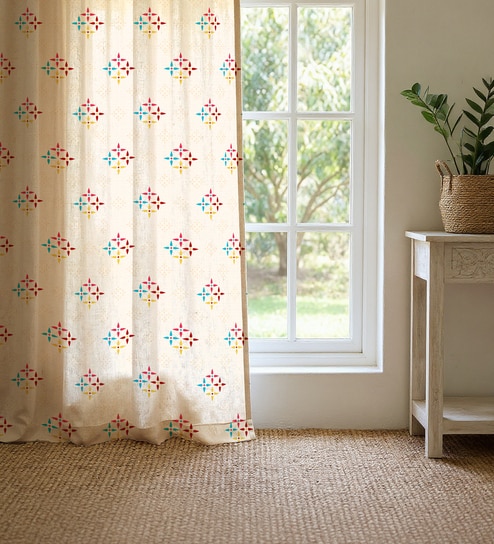 Multicolor Cotton Floral 8 Ft Eyelet Door Curtains (Set Of 2)
