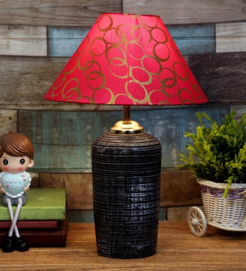 Red & Gold Shade Table Lamp With Terracotta Base By Foziq