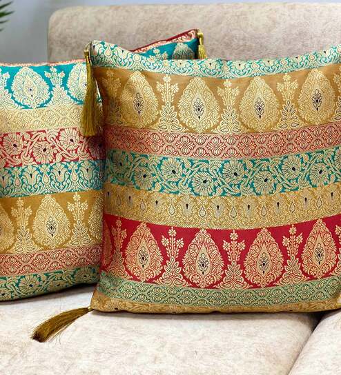 Multicolor Traditional Blended Silk 16 x 16 Inches Cushion Covers (Set of 2)