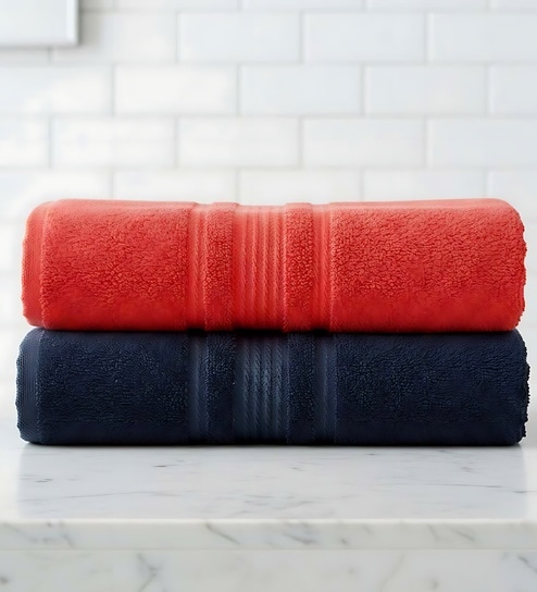 Red & Navy Blue Soft Cotton 500 GSM Solid Bath Towel Pack Of 2