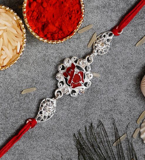Red & Silver Lord Ganesha Designer Rakhi with Roli Chawal Pack