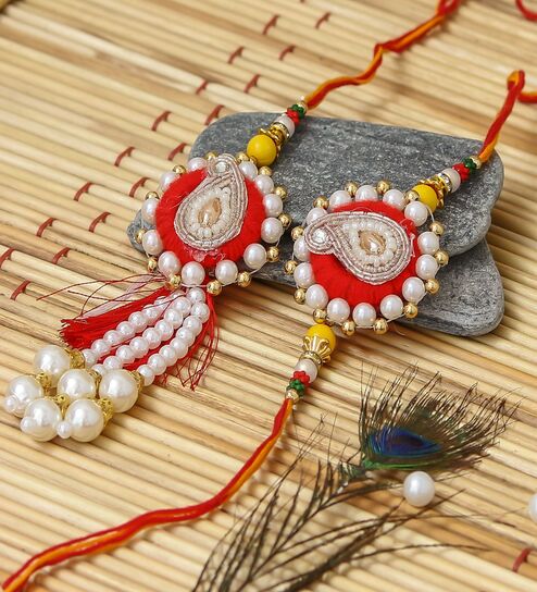 Red & White Designer Bhaiya Bhabhi Rakhi Set with Roli Chawal Pack
