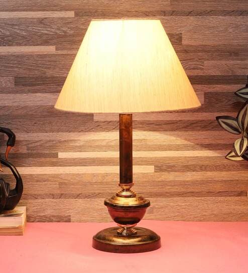 Red & White Fabric Shade Table Lamp With Copper Base By Foziq