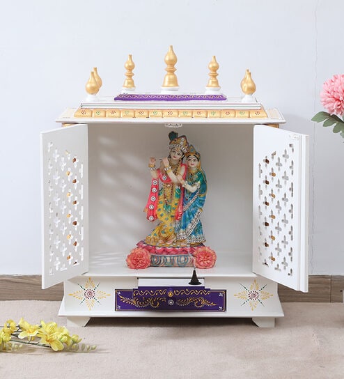 Red And White Mango Wood & MDF Floor Rested Mandir With Door