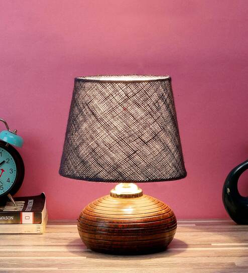 Red & White Natural Fiber Shade Table Lamp With Brown Base By Foziq