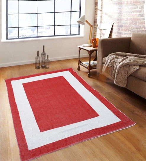 Red & White Polypropylene Geometric 3 x 5 Feet Dhurrie